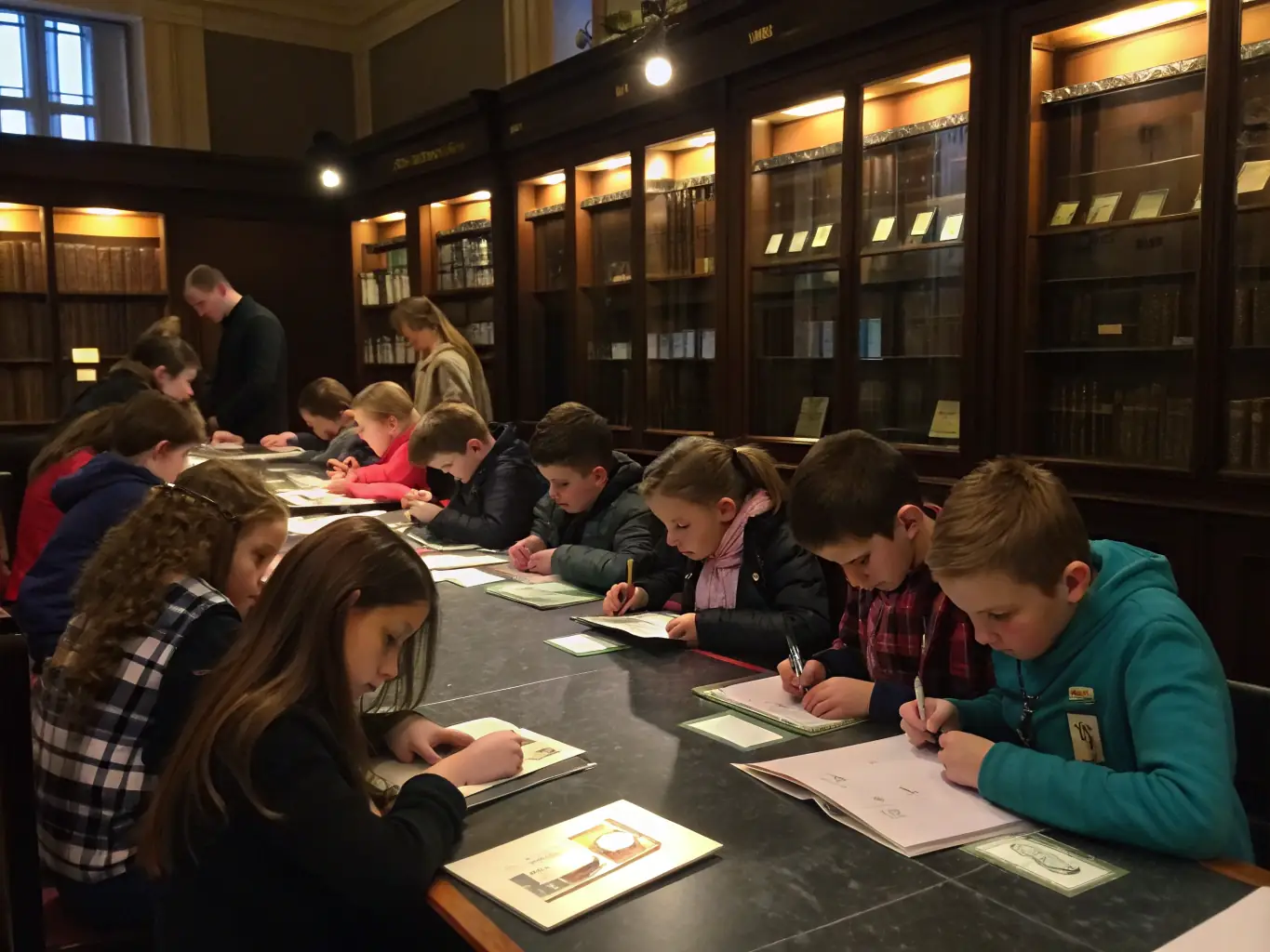 A photograph depicting children participating in a hands-on history workshop at the MUSEE D'HIER & D'AVANT-HIER DE SAINT-ANDRE DE LIDON, surrounded by historical artifacts and engaging with the museum staff.