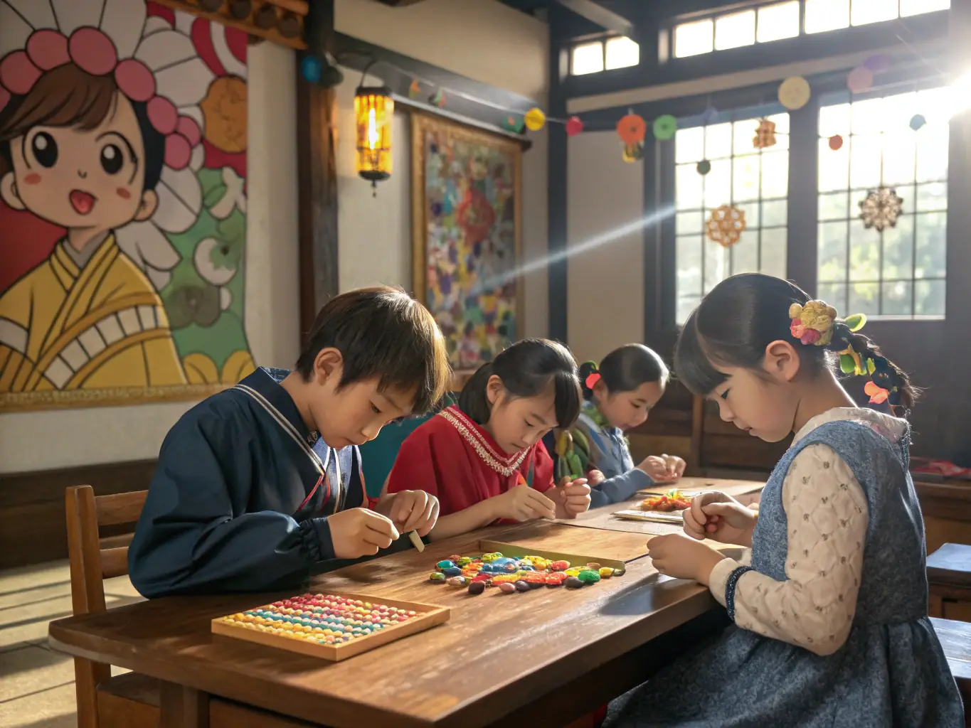 A group of children participating in a hands-on history workshop at MUSEE D'HIER & D'AVANT-HIER DE SAINT-ANDRE DE LIDON, learning about traditional crafts.