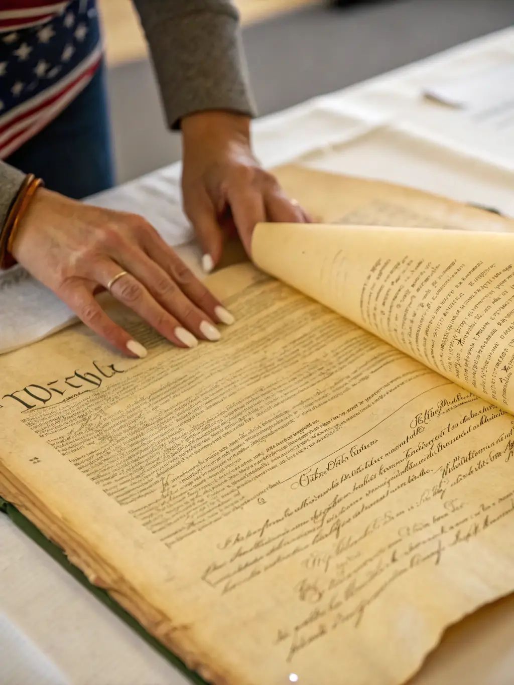 A detailed close-up shot of a volunteer carefully restoring an antique document, emphasizing the meticulous work involved in preservation.
