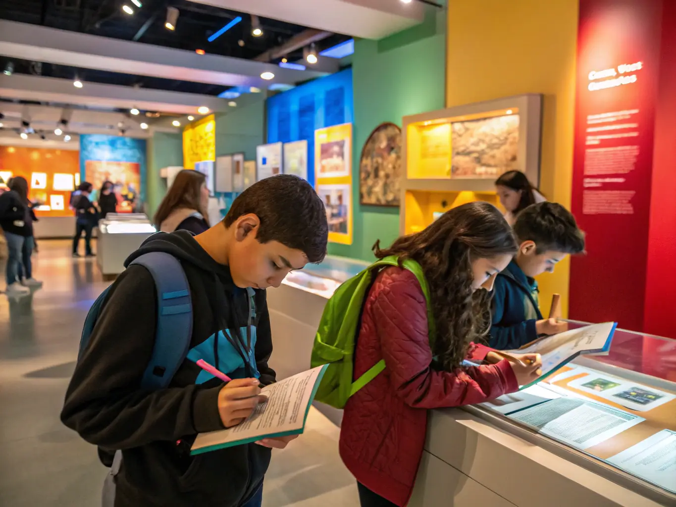 A vibrant photograph capturing children participating in a hands-on history workshop at the MUSEE D'HIER & D'AVANT-HIER DE SAINT-ANDRE DE LIDON, showcasing their engagement with historical artifacts and learning through interactive activities.