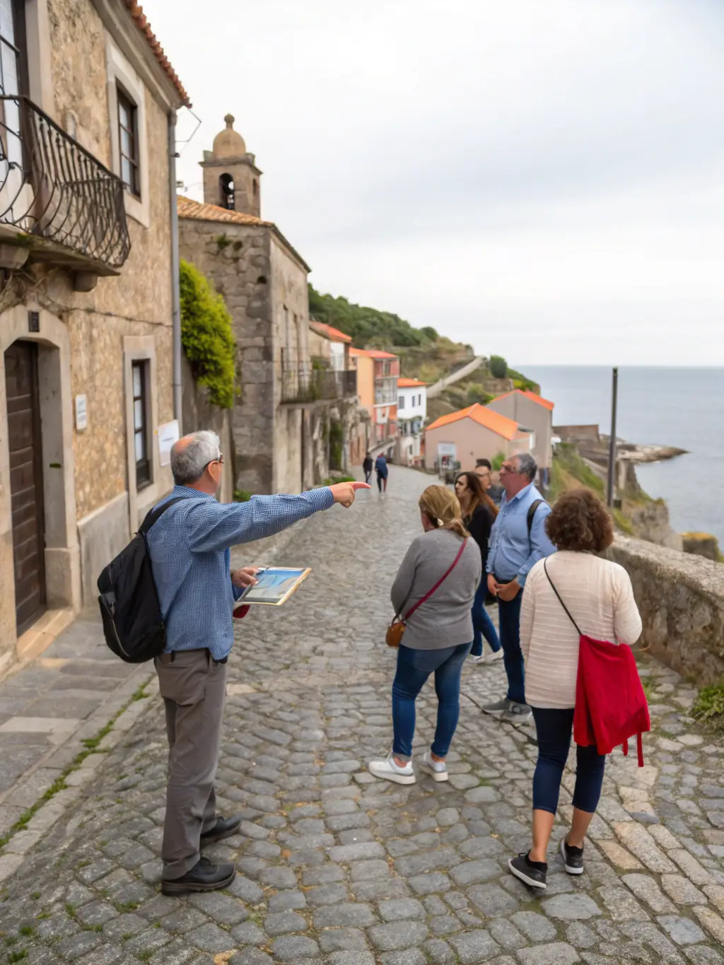 A picture of a guided tour group exploring a historical site in Saint-André-de-Lidon, led by a knowledgeable museum guide, emphasizing the exploration of local history.